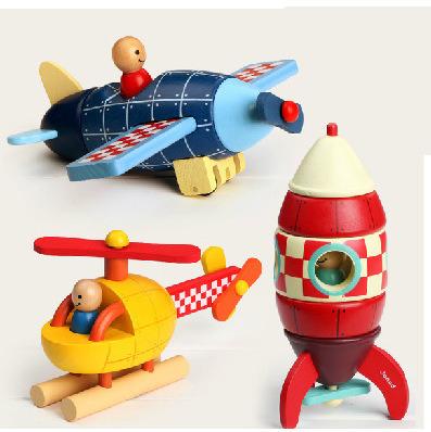 China Hot Sale Wooden Magnetic Assemble Puzzle Toy Helicopter Rocket Match Practice Game for sale