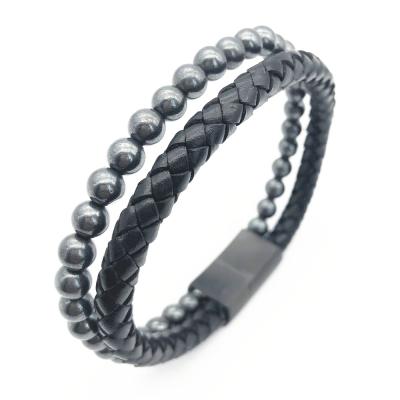 China New CLASSIC Style Leather and Stainless Steel Beads Vintage Muti Layer Mens Bracelets for sale