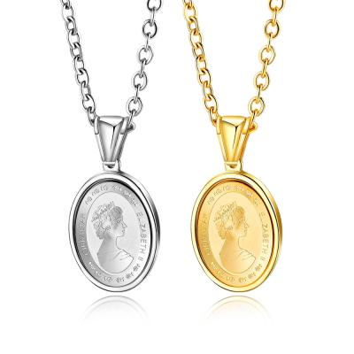 China FASHIONABLE Elegant Stainless Steel Engraved Pendant of Elizabeth Coin Gold Filled Necklace for sale