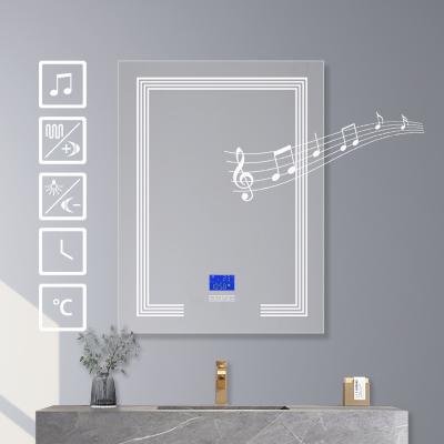 China Wireless Speaker/Illuminated Fog Light/Clock/Temperature LED Display Lighted Rectangular Smart LED Mirror Bathroom for sale