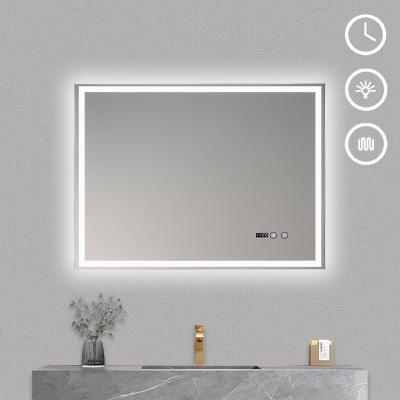 China Digital Clock Temperature Display Mirror Demister Protection Smart LED Illuminated Luxury Bathroom Wall Mirror for sale