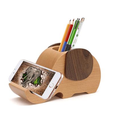 China Modern Simple Elephant Wooden Desktop Pen Cup Pencil Holder Bamboo Storage Box For Home Office Bamboo Phone Holder for sale