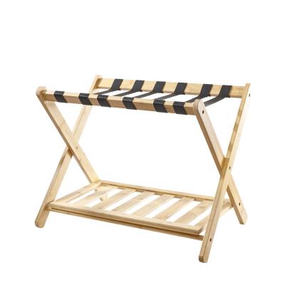 China Modern Bamboo Luggage Rack With Shoe Rack Double Layer Luggage Rack And Black Straps For Hotel And Home Luggage for sale