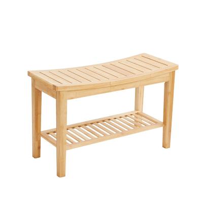 China Modern Bamboo Shower Bench Bath Seat Stool with Storage Shelf for Towel Shampoo Spa Foot Rest Shaving Stool for sale