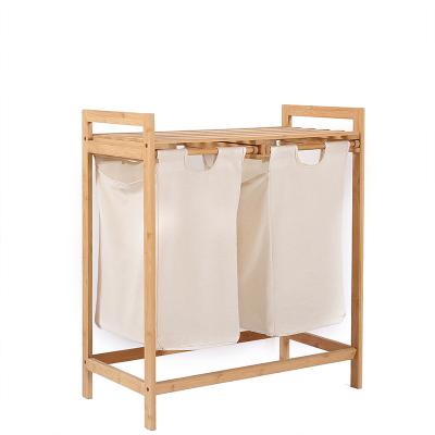 China Double Layer Sustainable Bamboo Laundry Basket With Foldable Storage Bag Storage Frame Durable Bathroom Bedroom Home for sale