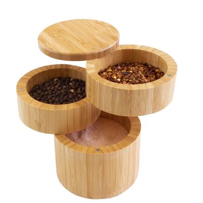 China Sustainable Bamboo Triple Tier Salt Cellar Wooden Kitchen Salt And Pepper Storage Box Bamboo Spice Container For Cooking for sale