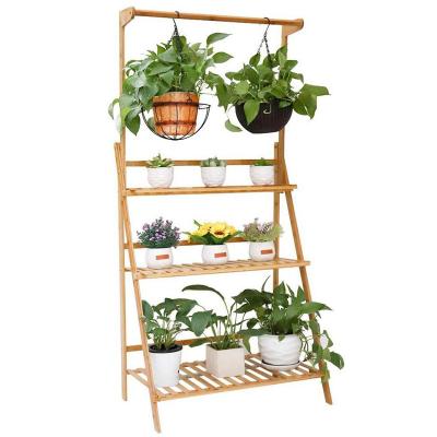 China Bamboo Hanging Foldable Flower Rack Display Rack 3 Tier Ladder Plant Shelf Storage Rack For Garden Flower Baskets for sale