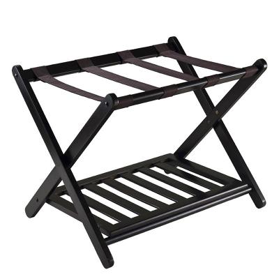 China Durable Bamboo Black Folding Luggage Rack With Shelf For Guest Room Bedroom Hotel With Shoe Shelf Hotel Furniture Morden Fancy Laser for sale