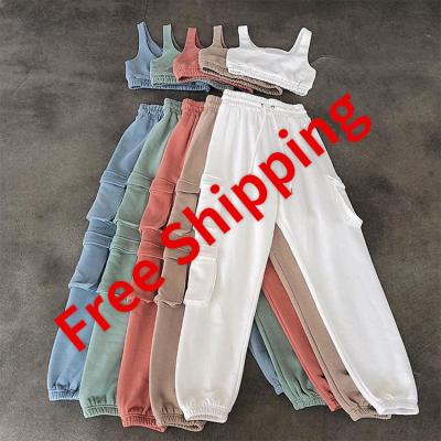 China 2021 XS-L Breathable Fashion Mid Waist Drawstring Sweatpants Women Pocket Cargo Joggers Pants Two Piece Set for sale