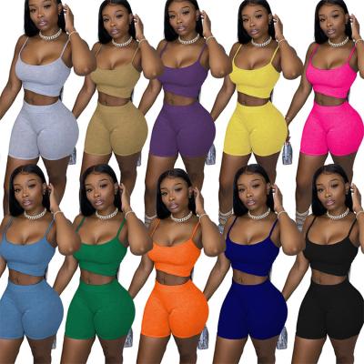 China 2021 Anti-wrinkle S-XL Solid Crop Top Custom And Ladies Biker Shorts Two Piece Shorts Set For Woman for sale