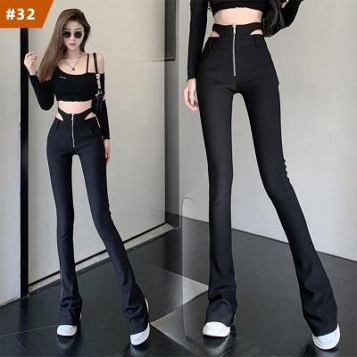 China 2022 New Spring Autumn Pants QUICK DRY Women High Waist Hollow Out Womens Flared Pants Black Zipper Plus Size Womens Pants for sale