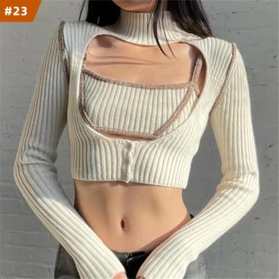 China New Arrival Breathable Hollow Cropped Turtle Top Long Sleeve Crop Top Neck 2 Pieces Set Ribbed Knit Crop Top for sale