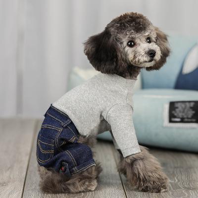 China Sustainable Creative Luxury Denim Knitted Dog Clothes Jumpsuit Cat Shirt Quadrupedal Begging Clothes for sale