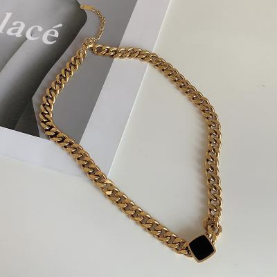 China New FASHIONABLE INS Design 14K Gold Plated Stainless Steel Jewelry Black Stone Cuban Chocker Necklace for sale