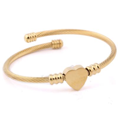 China Hiphop Low Moq Most Popular Stainless Steel Jewelry Three Colors Heart Shape Charm Bangle Bracelet For Women for sale