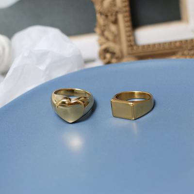 China CLASSIC Minimalist 18K Gold Plated Stainless Steel Finger Stamp Ring Heart Ring Geometric Heart Seal Rings for sale