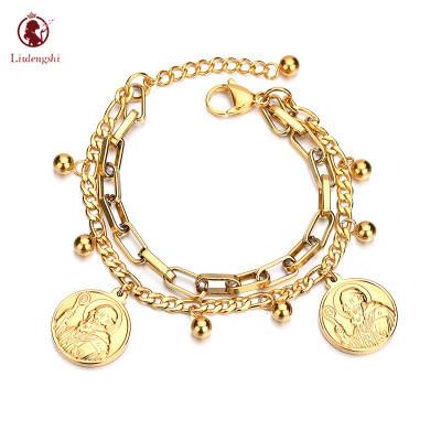 China BOHEMIA Titanium Steel 18K Gold Plated Chain Link Coin Charm Bracelet Stainless Steel Coin Charm Bracelet for sale