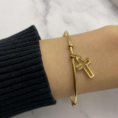 China TRENDY hip hop open bangle stainless steel bead cross pendant cuff bracelet Christian Jewelry Jesus Crucifix Charm for sale