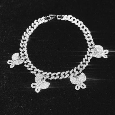 China Hiphop Liulengshi Butterfly Tennis Anklet Jewelry Iced Out Cuban Link Butterfly Anklet for sale