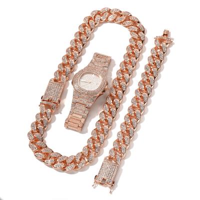 China Hiphop Fashion Hip Hop Jewelry Iced Out Pink Bling Necklace Bracelet Watch 3 Cuban Chain Jewelry Sets for sale