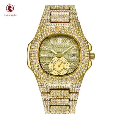 China Luxury Automatic Date Mens Gold Color Rhinestone Number Date Clock Watch Full Bling Iced Out Quartz Band Wristwatches for sale