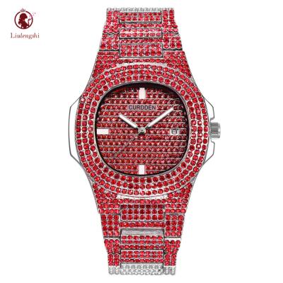 China Auto Date Rocks Jewels Colorful Dial Quartz Wristwatch Sparkle Iced Out Diamond Bezel Analog Watches for sale