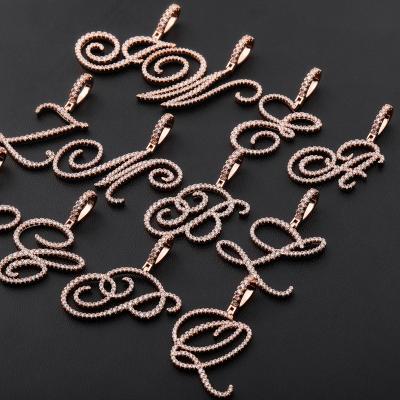 China Hiphop Zircon Tennis Chain Cursive Letter Necklace Initial Pendant Necklace for sale