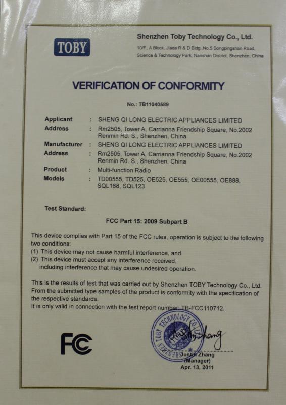 FCC Part 15: 2009 Subpart B - Sheng Qi Long Electric Appliance Co., LTD