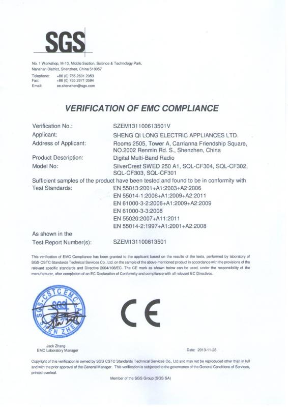 Verification of EMC Compliance - Sheng Qi Long Electric Appliance Co., LTD