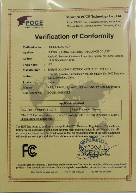 FCC Part 15 Subpart B2010 - Sheng Qi Long Electric Appliance Co., LTD