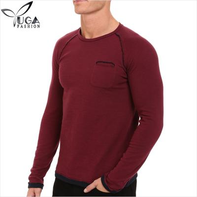 China Custom Cotton Spandex Anti-Pilling Long Sleeve Men's Raw Edged T-Shirt Red Color Tee for sale