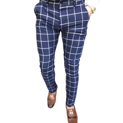 China Viable Men's Casual Long Pants Slim Fit Plaid Print Trousers for sale