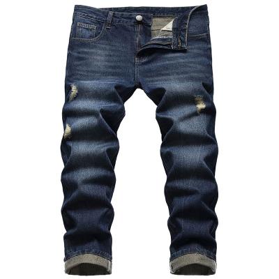 China Breathable Casual High Quality Self Crop Ripped Hole Zipper Distressed Straight Mens Jeans Denim Pant for sale