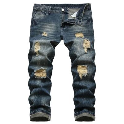 China New Fashion Breathable Hole Zipper Dark Nostalgic Wash Denim Straight Mens Custom Stretch Jeans for sale