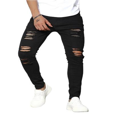 China Fashion Breathable Casual High Quality Slim Fit Ripped Zipper Washed Small Feet Stretch Men Black Denim Trousers Jeans for sale