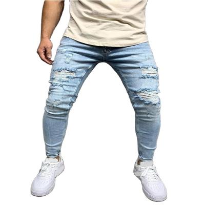 China Breathable Casual High Quality Tight Fit Ripped Zipper Sky Blue Washed Little Feet Stretch Denim Super Fly Jeans For Man for sale