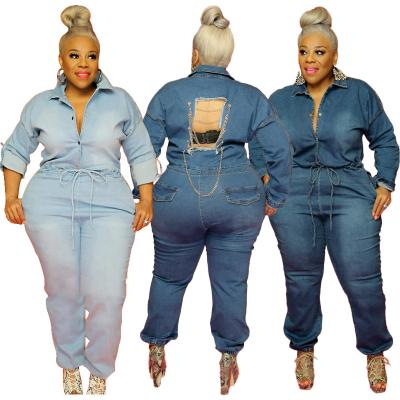 China Plus Size Women's Breathable Denim Overalls Button Back Hollow Waistband Shirt Long Sleeve Overalls With Washable Hole And Chain for sale