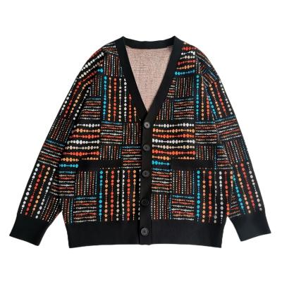 China Anti-wrinkle cotton designer Long Sleeve Strip jacquard men's custom knitted cardigan sweater for men for sale