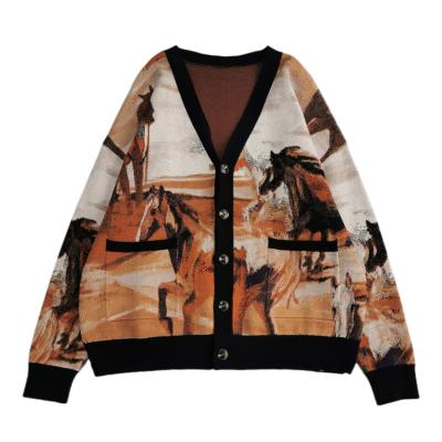 China Anti-wrinkle horse pattern casual long sleeve cardigan traditional painting sweater for men for sale