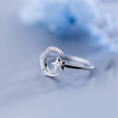 China Real Romantic 925 Sterling Silver Minimalist Zircon Moon Star Opening Ring Charming Women Party Fine Jewelry for sale