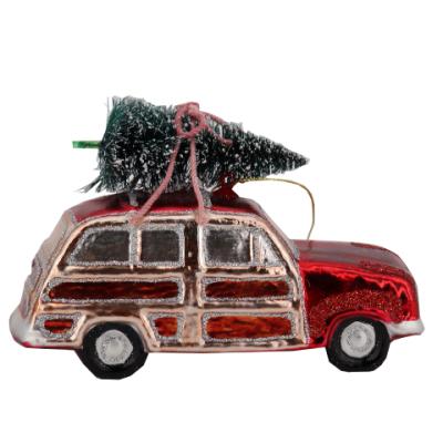 China Fashionable Christmas Hand Blown Glass Ornament Christmas Car Decoration With Mini Christmas Tree for sale