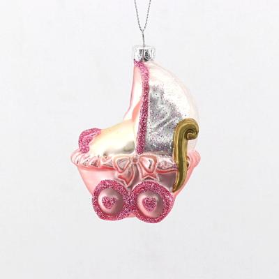 China New Design Glitter Carnival Series Pink Bow Crib Baby Car Glass Ornament For Christmas Festival Party for sale