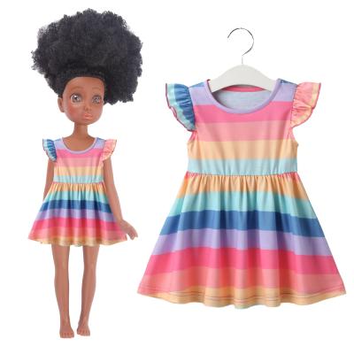 China Custom Wholesale Cartoon Toy Factory Baby Clothes Rainbow Printed Dress Clothes for 14.5inch Dolls and Kids Girls Children Clothing for sale