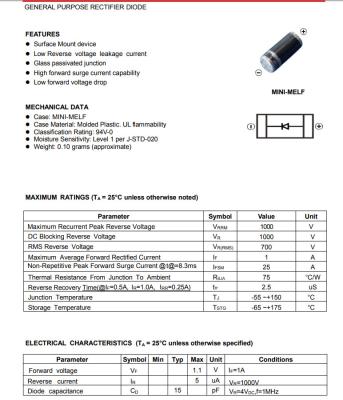 China diodo de fines generales Sod80 4007 1n4007 LM4007 de Schottky del poder de 1A 1.1V en venta