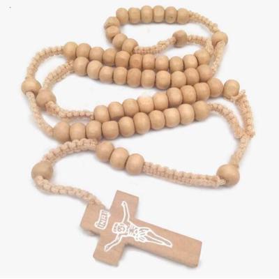 China Hiphop Islamic Wood Beads Handmade Cross Necklace Catholic Rosary Necklace for sale