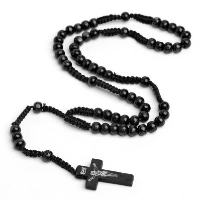 China Religious Natural Wooden Bead Necklace Hand & Woven Cross Necklace Jesus Religion Tespih Christian Prayer Beads Rosary Holy Catholic for sale