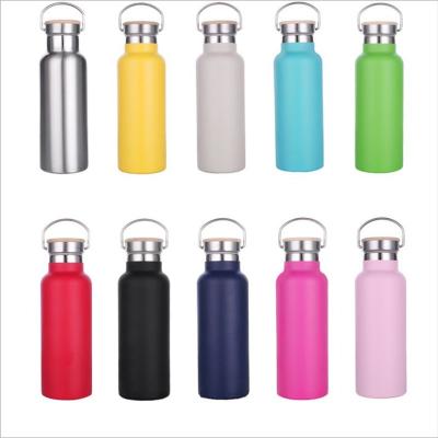 China Outdoor Double Lid Sports Water Bottle Powder Coating Stainless Steel Wall Sustainable Bamboo Vacuum Insulated Sports Bottle 500ml for sale