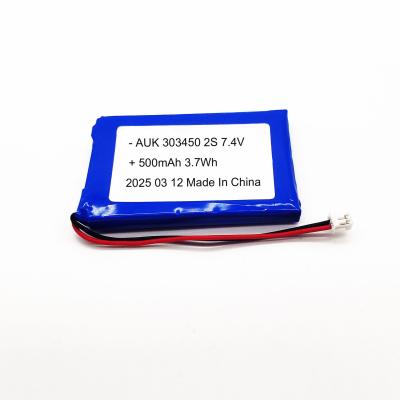 중국 사용자 지정 AUK 7.4V 500mAh 2S 303450 리포 배터리 릴륨 폴리머 배터리 팩 판매용