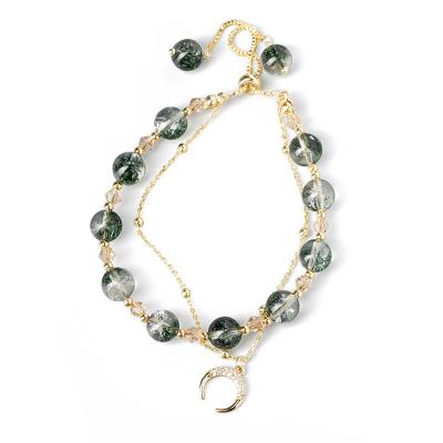 China Fashion Bracelet Design Double-Layer Natural Green Zircon Moon Pendant Beaded Crystal Natural Bracelet Handmade Bead Crystal Bracelet for sale