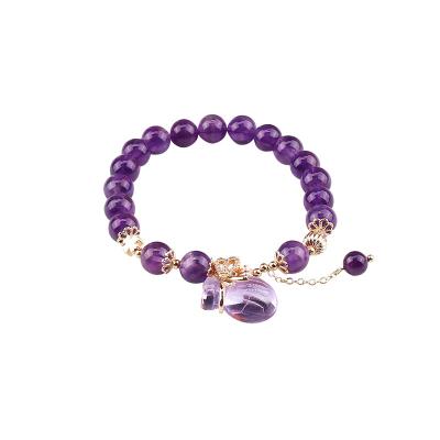 China Fashion Wholesale Amethyst Bracelet Crystal Amethyst Bead Bracelet Money Zircon Bag Charm Pendant Natural Stone Bracelet for sale